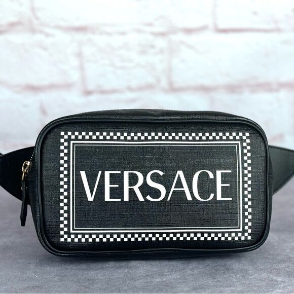 Versace Handbags - VERSACE Grained Calfskin 90's Logo Belt Bag Black